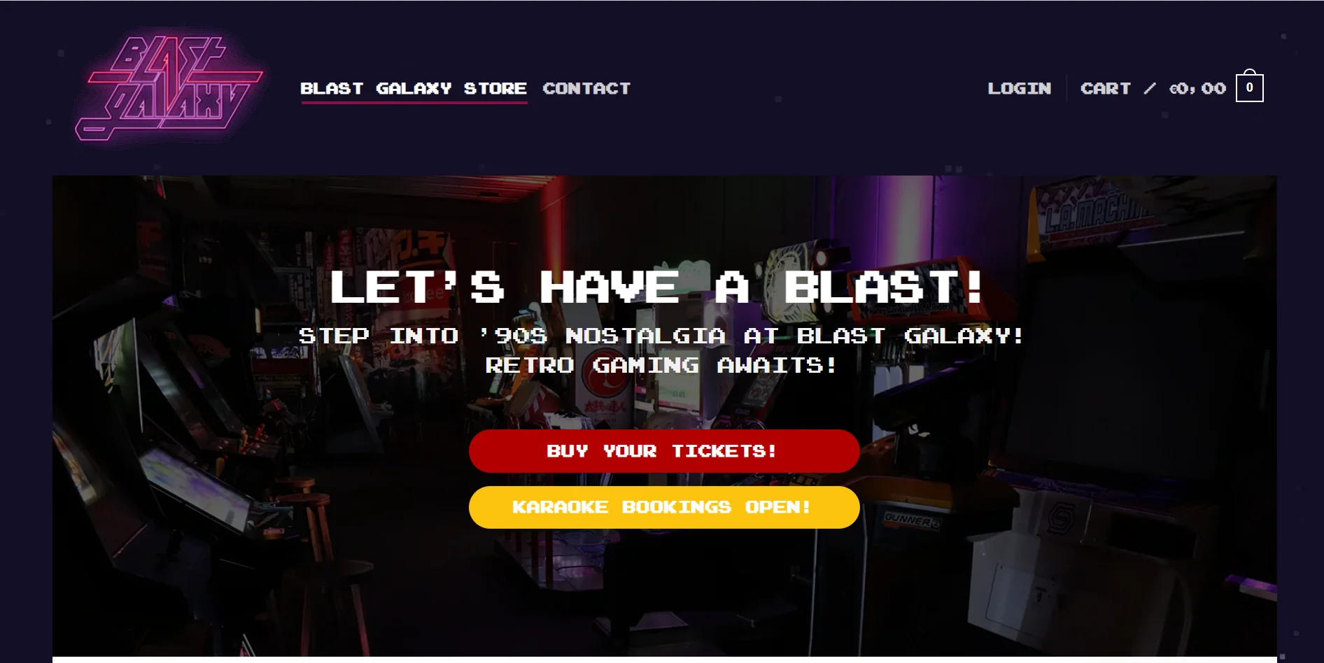 A screenshot of the arcade "blast galaxy" website that shows how to use font effectively on retro websites.