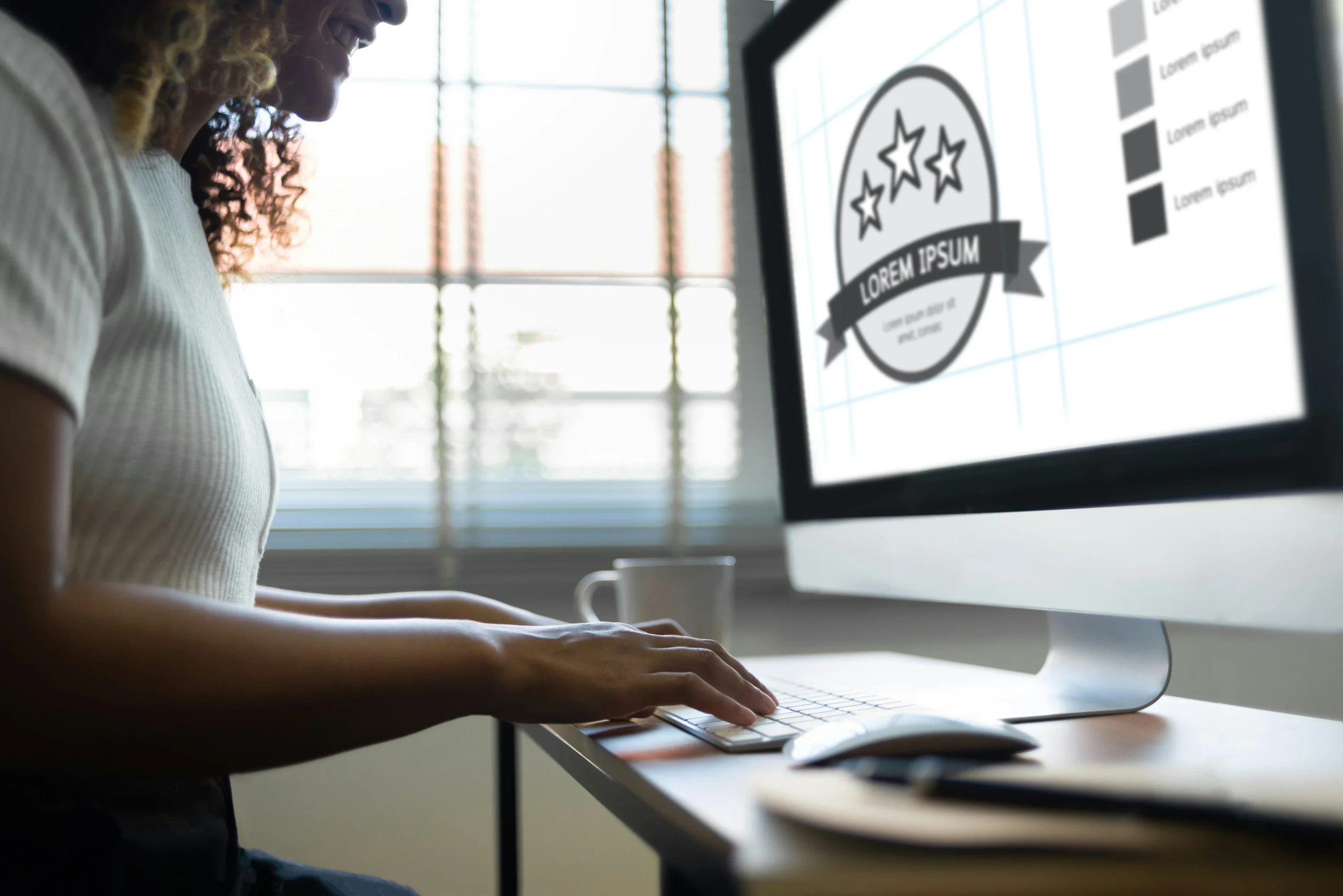 A woman working on a computer.