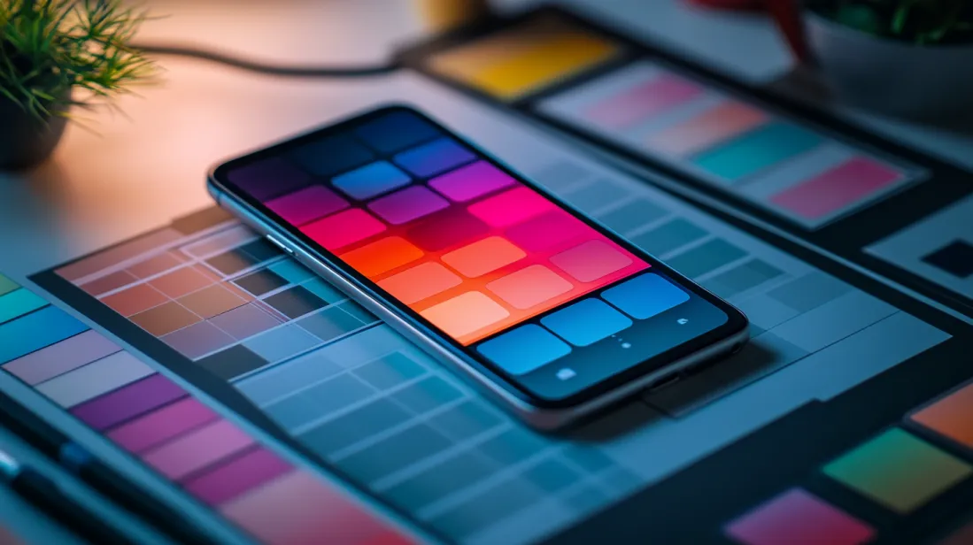 A top-down view of a black smartphone resting on a vibrant color palette filled with shades, arranged in a grid. The phone appears modern with a large screen, placed on a blurred desk. This image illustrates the importance of color choices in mobile design for a clean, simple, and cohesive user experience on small screens.