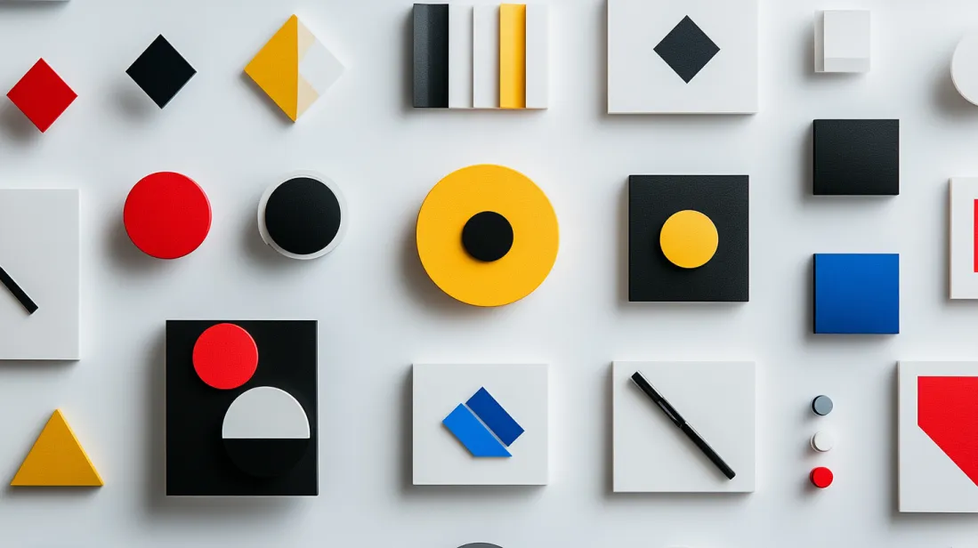 A photorealistic abstract composition featuring various shapes in different colors, arranged in diverse groupings on a white background. This image highlights the importance of color choices in logo design, demonstrating how simplicity and strategic color selection can create a memorable and effective visual identity.