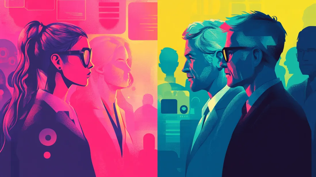 Abstract illustration depicting contrasting color palettes in branding and UI, with vibrant pinks and yellows symbolizing diverse brand identities and the psychological impact of color choices on different target audiences.