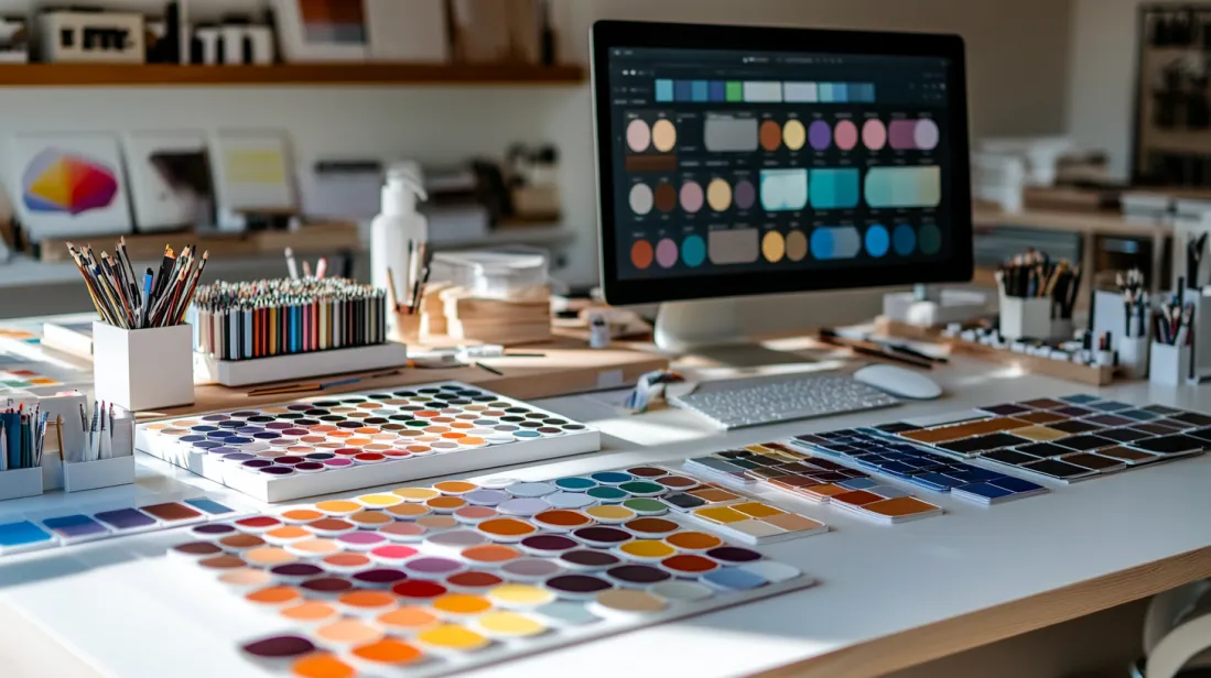 Workspace featuring a monitor displaying a digital color palette, surrounded by physical color swatches, pencils, and design tools, symbolizing the importance of selecting cohesive color palettes in UX/UI, branding, and web design.