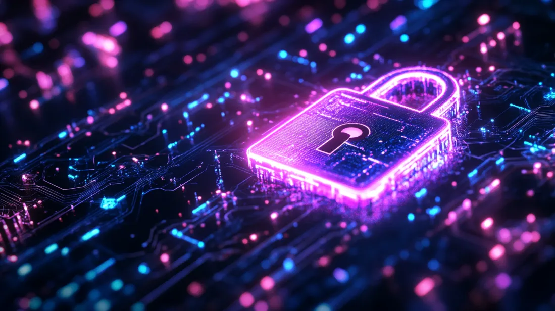 Neon glowing padlock symbol on a futuristic digital circuit board, representing cybersecurity and secure blockchain technology, highlighted with vibrant pink and blue lighting effects, symbolizing data protection in cryptocurrency systems