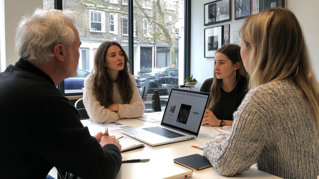 A meeting between a client and a design agency team, discussing a branding project. The setting is sleek and modern, with an emphasis on creative collaboration. The team is reviewing design concepts on a large screen, with clients actively engaged in the process