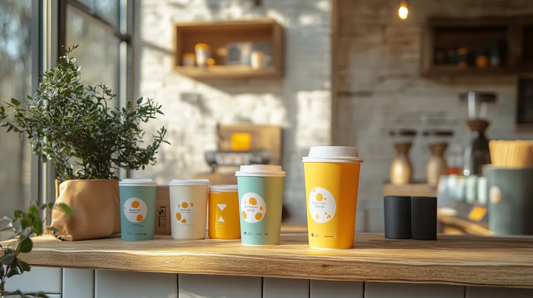 Branded coffee cups with a minimalist design displayed on a wooden counter in a cozy café with natural lighting, showcasing a consistent and budget-friendly branding approach for small businesses