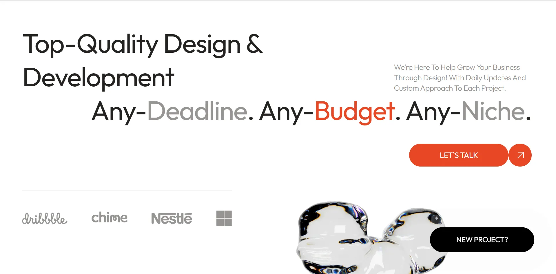 Screenshot of Almax agency website homepage showcasing top-quality design and development services for various projects. The image features logos of Dribbble, Chime, and Nestlé, along with a call-to-action button for starting a new project. Slogan highlights 'Any-Deadline', 'Any-Budget', 'Any-Niche’