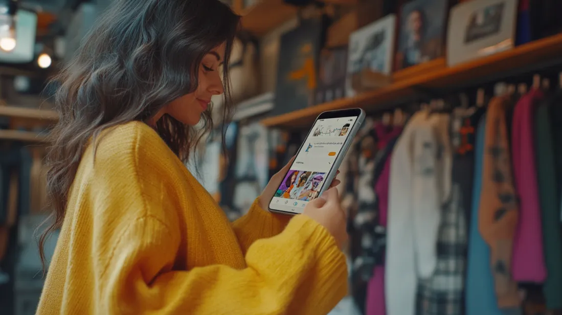 A woman in a yellow sweater browsing a boutique’s social media page on a tablet, surrounded by clothing racks, highlighting user engagement and branding for small businesses