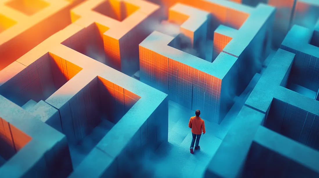 Conceptual image of a complex maze with vibrant lighting, representing the challenge of navigating between web design and digital product design. Symbolizing the journey of designers through intricate design decisions.