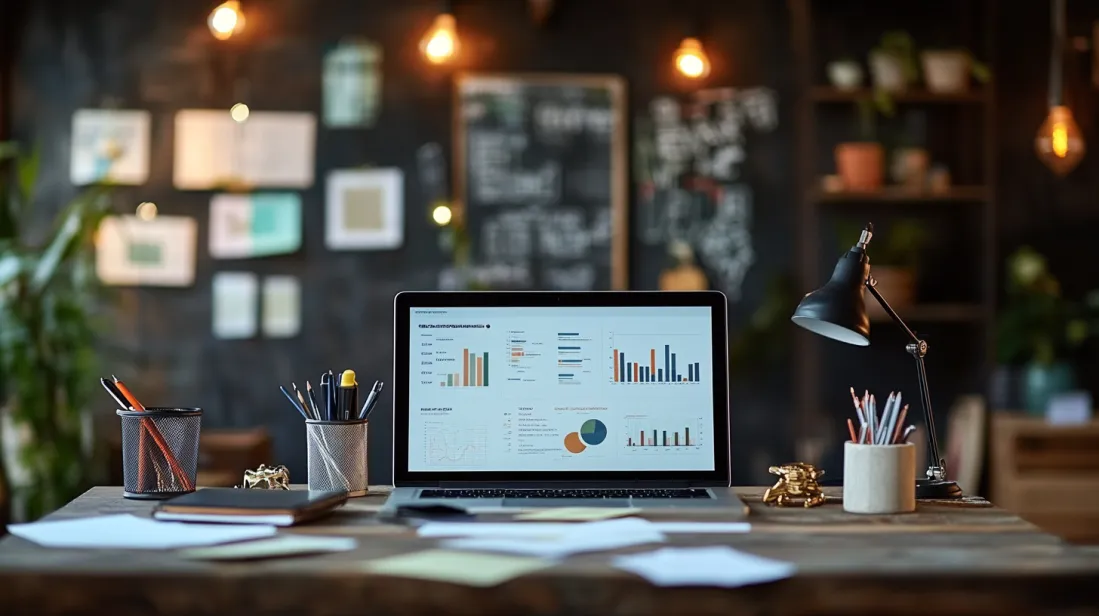 A laptop displaying analytics dashboards with charts and graphs on a wooden desk in a creative workspace, illustrating data-driven decision-making for small business branding strategies