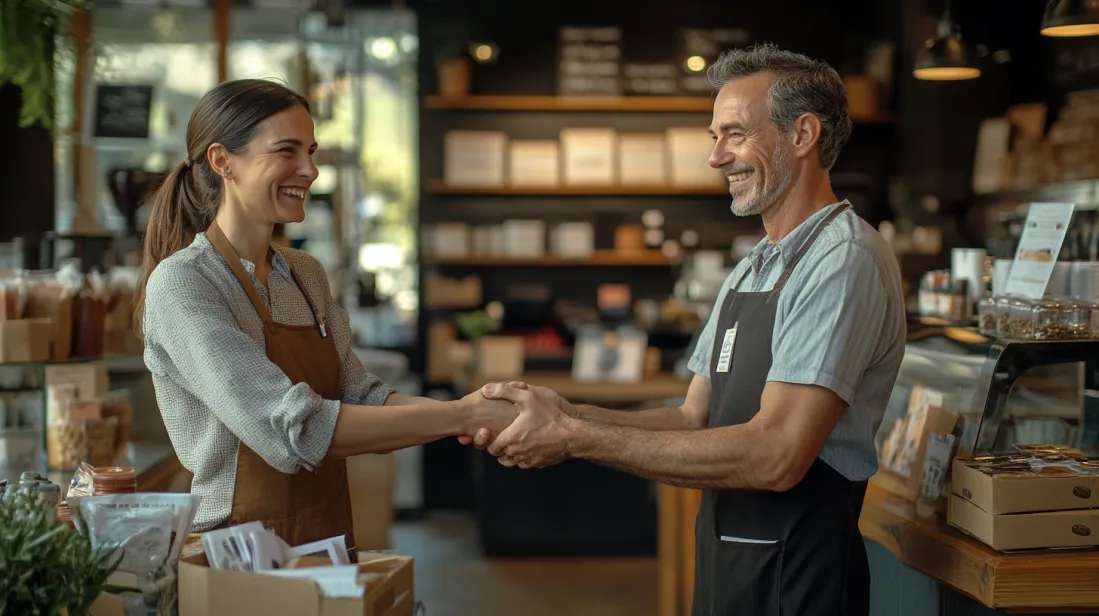 Two small business owners shaking hands inside a cozy café, symbolizing collaboration and partnership opportunities for mutual growth