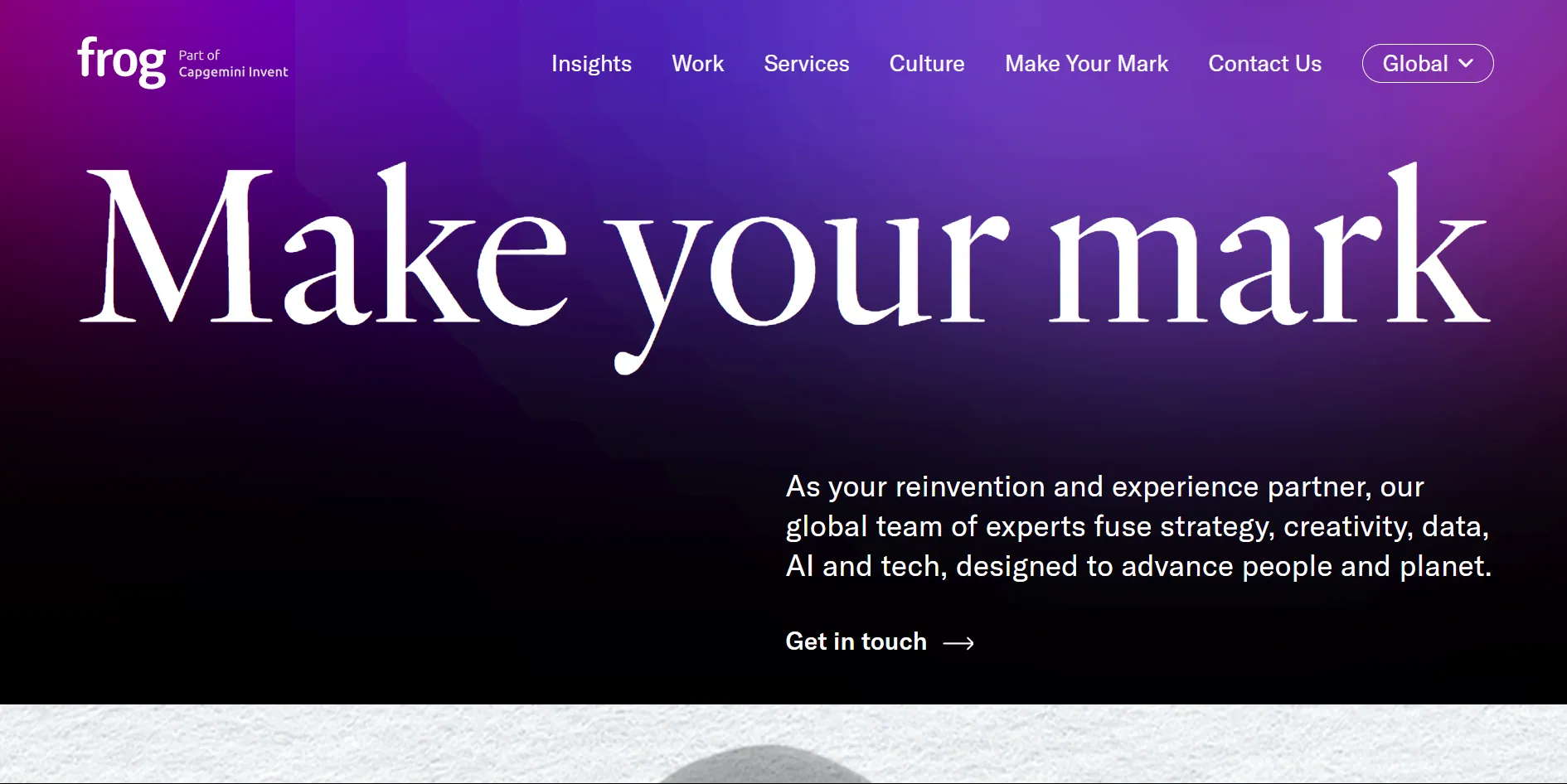 Screenshot of Frog agency homepage displaying bold text 'Make your mark' with a clean, modern design. The image also includes navigation links such as 'Work', 'Services', 'Culture', 'Make Your Mark', 'Insights', and 'Contact Us’