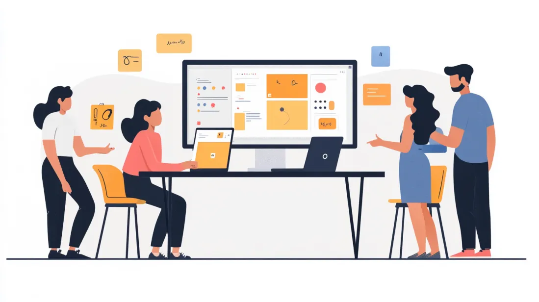 A creative team in a collaborative meeting, using design software to provide feedback on a design project. The team is engaged in a conversation, pointing at screens and discussing UX/UI revisions, with an open and transparent communication atmosphere