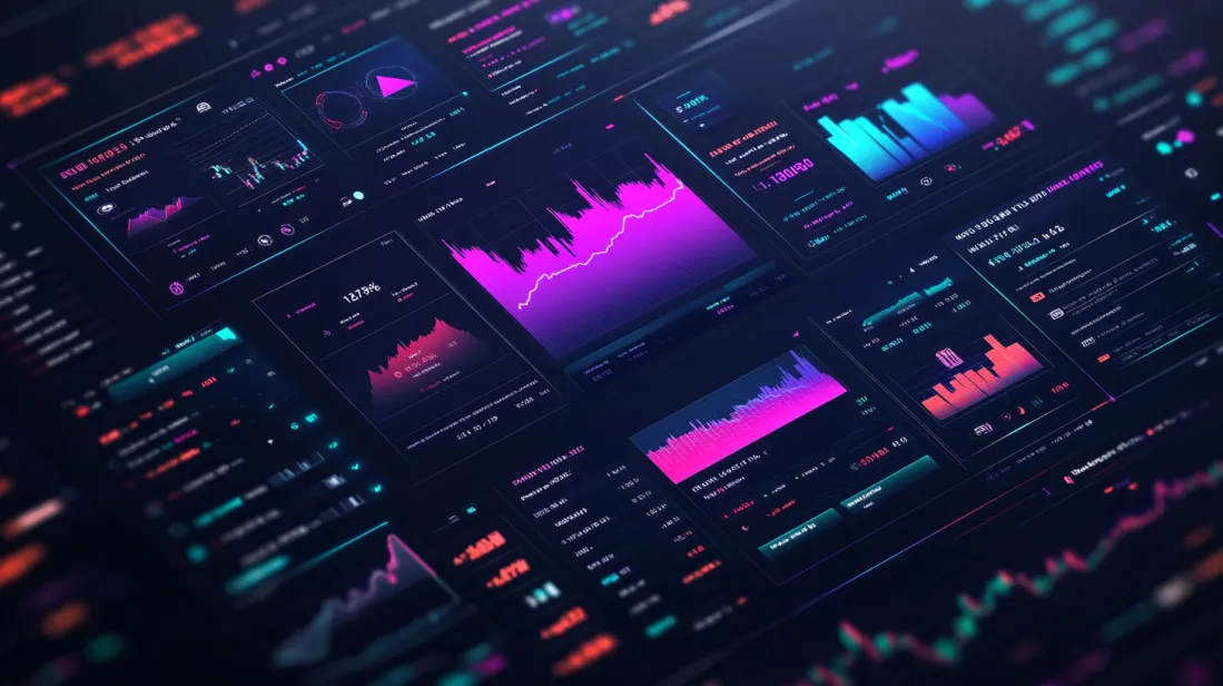 Futuristic cryptocurrency dashboard displaying vibrant charts, graphs, and analytics in neon pink and blue tones, representing financial data visualization and user-friendly interface design for crypto trading platforms