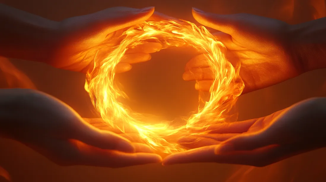 Symbolic image of hands holding a glowing fiery ring, representing the transformative power of good design in creating strong branding, identity, and collaboration in business and design strategies