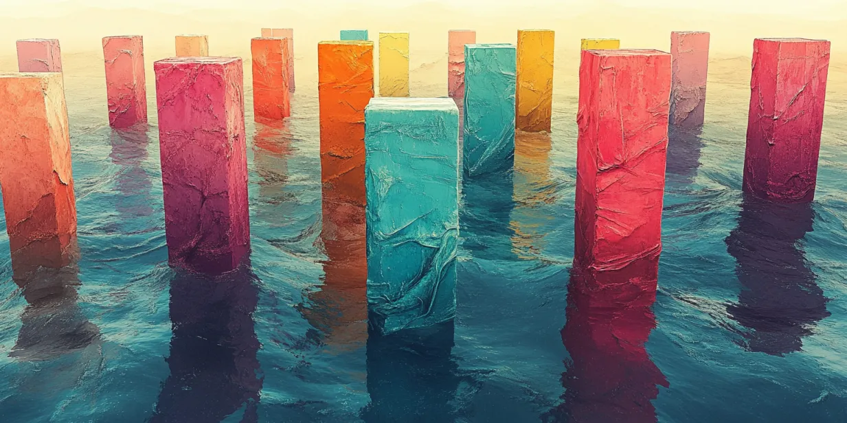 Abstract colorful pillars emerging from calm water, symbolizing stability, creativity, and growth in design and business strategies, illustrating concepts of branding, innovation, and continuous improvement in UX/UI design