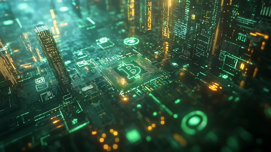 Futuristic digital cityscape representing cryptocurrency technology, featuring a glowing Bitcoin symbol embedded in a circuit board design, surrounded by holographic icons and neon green lighting, symbolizing blockchain and digital finance