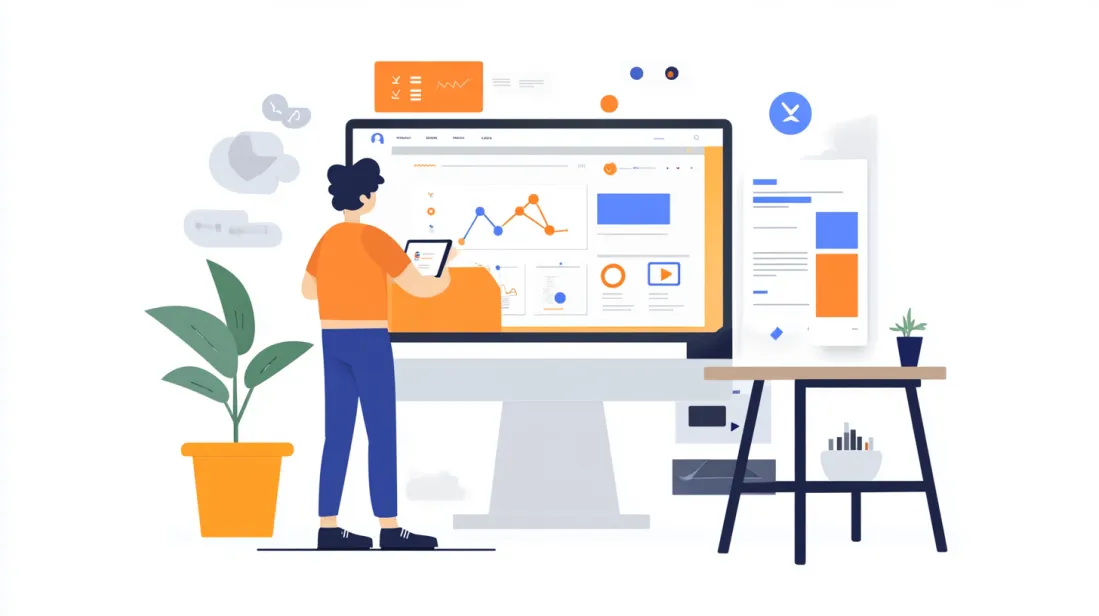 A person analyzing a website's SEO and performance data on a tablet, reviewing the success of design elements and user interactions. The setting is a professional office with digital tools and visuals showing optimization strategies