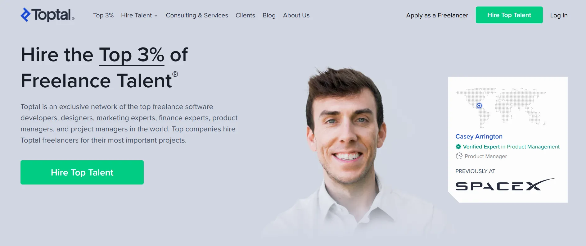 Screenshot of Toptal agency homepage displaying text 'Hire the Top 3% of freelance talent' with an image of a man on the background. The image also includes green button ‘Hire Top Talent’