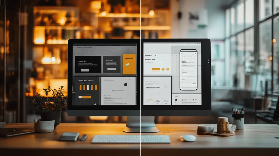 Split screen showing web design on the left and digital product design on the right, with UI elements such as buttons, forms, and app screens. Modern workspace with creative design tools, emphasizing the contrast between web and digital product design