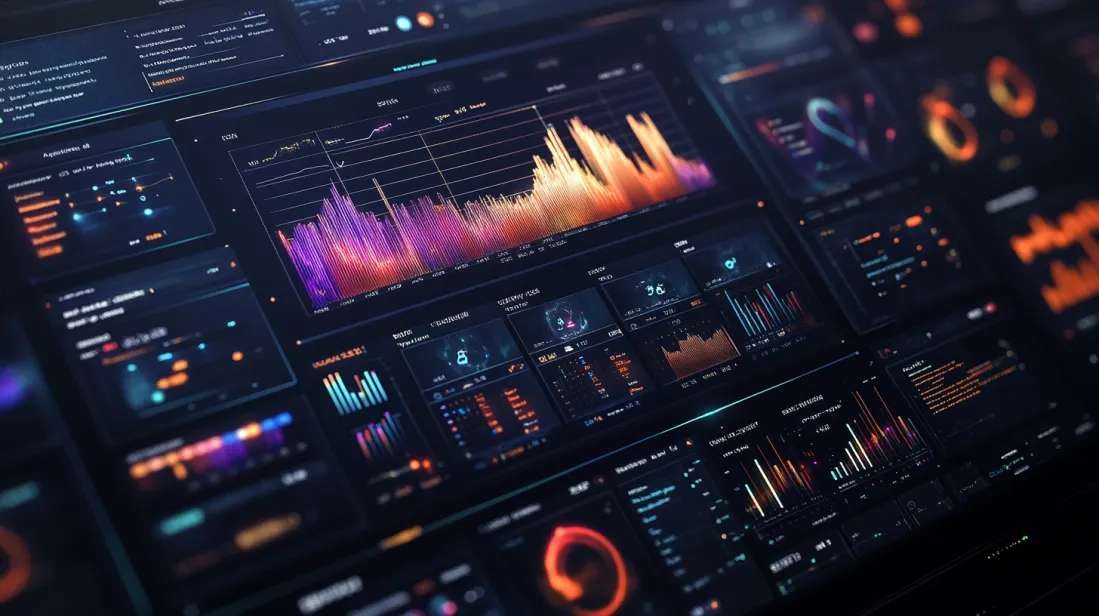 Modern dashboard interface with vibrant data visualizations and analytics, showcasing dynamic charts, heatmaps, and graphs, representing the impact of UX/UI design in enhancing user engagement and creating intuitive digital experiences