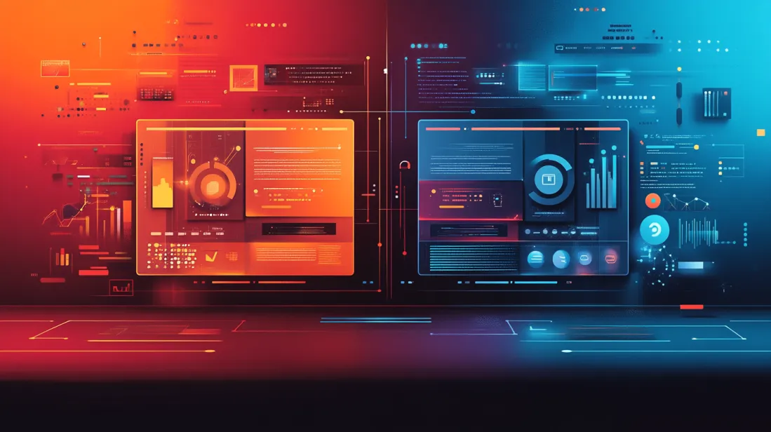 A vibrant image showing the two worlds of design in parallel: on one side, a website interface with static content and structured layout. On the other, a dynamic digital product interface with complex interactions, real-time data, and personalized features. Both screens should be surrounded by tools and designs that reflect the essence of each approach