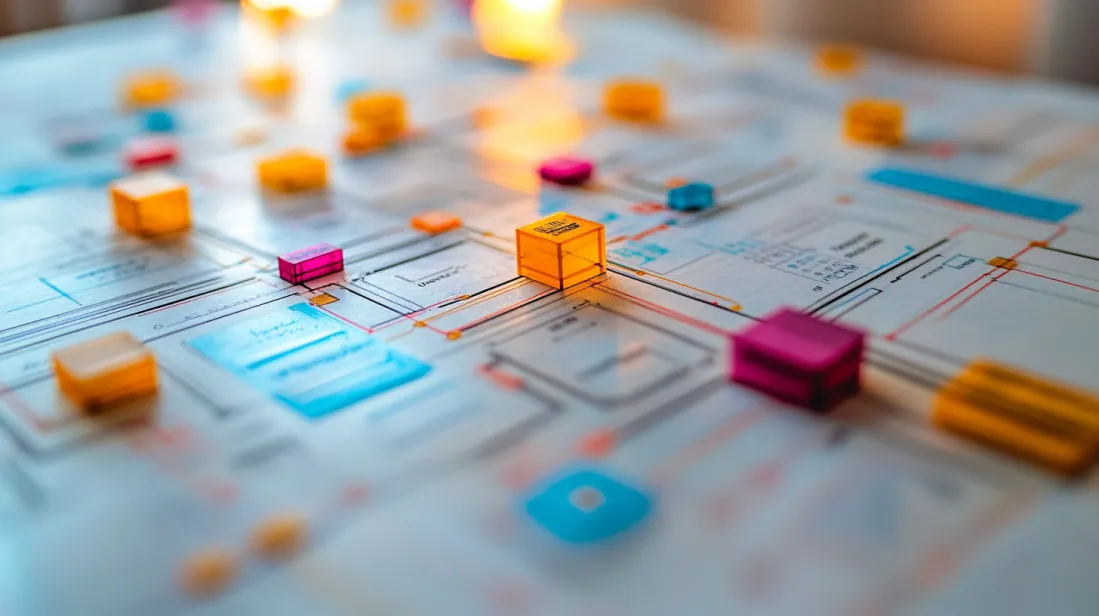 An abstract representation of the UX design process, with interlocking wireframes, soft gradients, and flowing lines, symbolizing user-centric strategies and seamless digital experiences