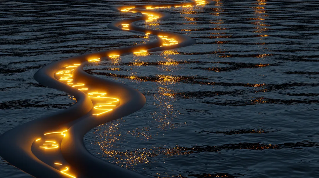 A glowing golden path shaped like a flowing river, winding through dark water and illuminated with abstract symbols, representing the iterative nature of prototyping and problem-solving in design.