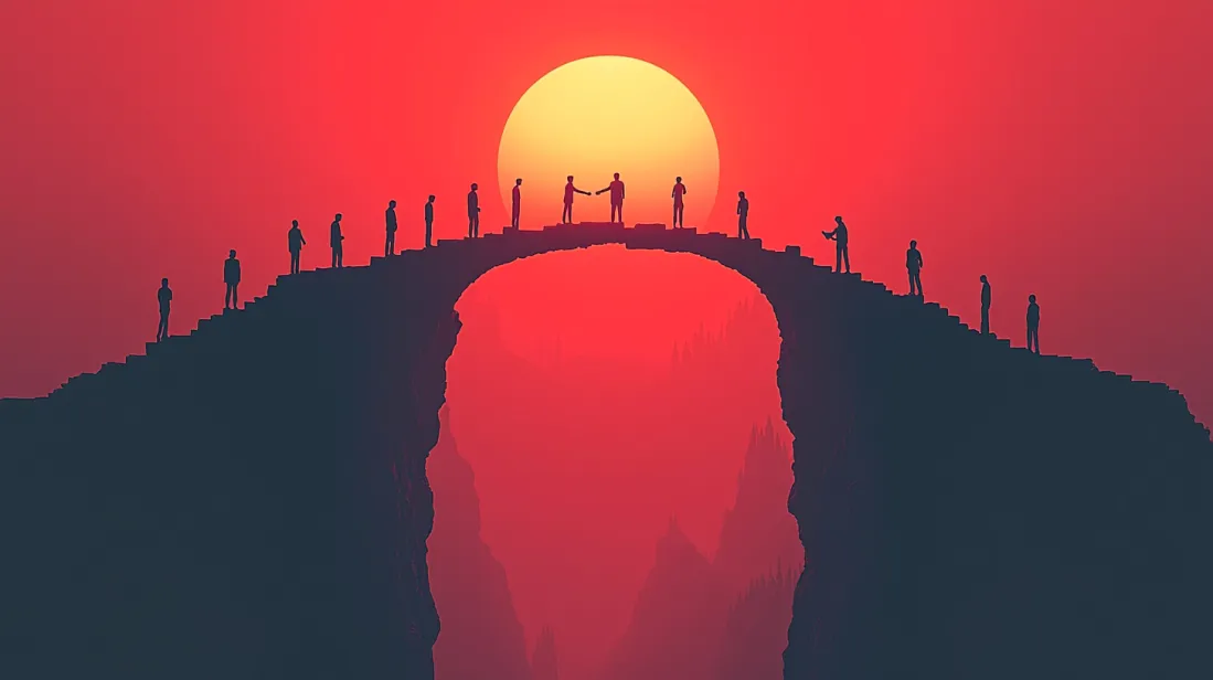 A symbolic bridge made of stone arching over a canyon at sunset, with silhouettes of people collaborating and shaking hands, bathed in a red and orange sky