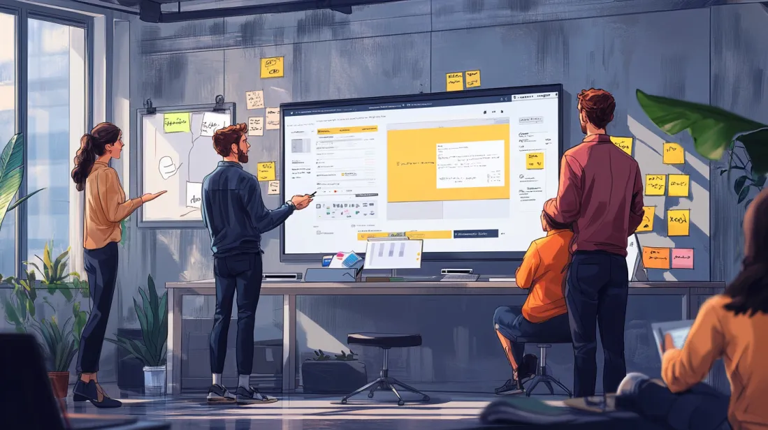 Team of designers and developers collaborating on a large digital screen displaying a Figma file with detailed annotations, surrounded by sticky notes and brainstorming tools in a modern office