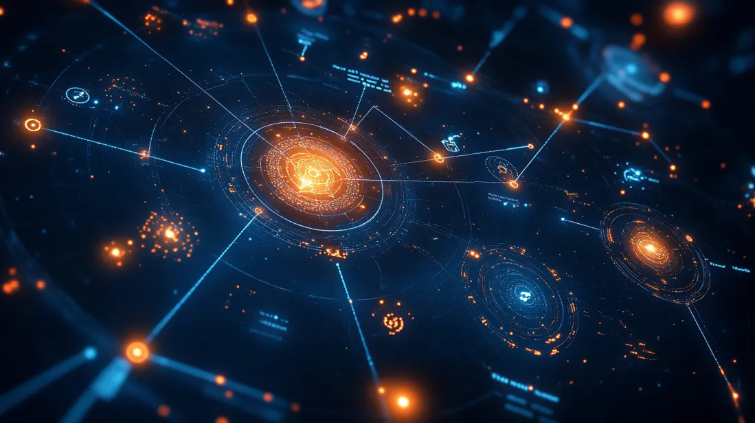 A glowing, futuristic constellation map with connected UI elements and data points forming a network, representing user engagement and seamless user experience in a digital ecosystem.