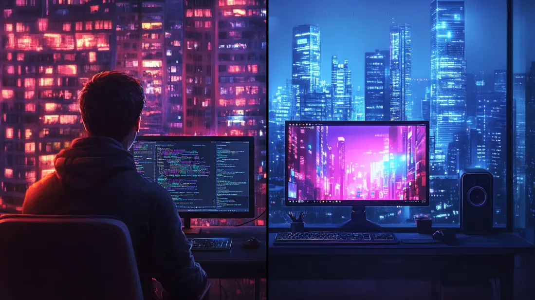 Futuristic split-screen illustration of a developer coding in a dark, tech-heavy environment on one side, and a designer working on a visually stunning, UI-optimized screen on the other. A symbolic representation of the synergy between coding and design in web development.