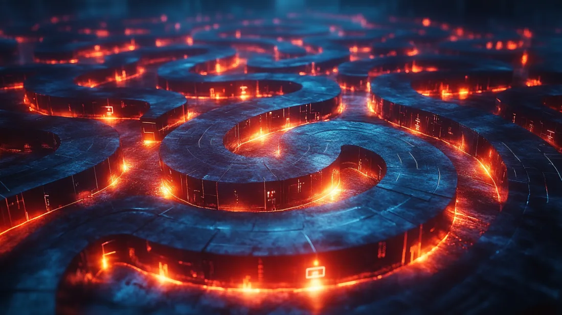 A glowing digital labyrinth with neon-orange pathways and dark metallic walls, symbolizing complex UI navigation and user experience challenges.