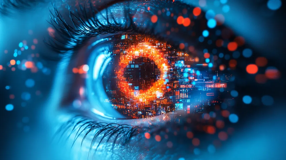 Futuristic close-up of a human eye with glowing digital circuits and data streams, symbolizing the intersection of design psychology and user decision-making. The vibrant blue and orange tones highlight how visual elements influence perception and behavior.