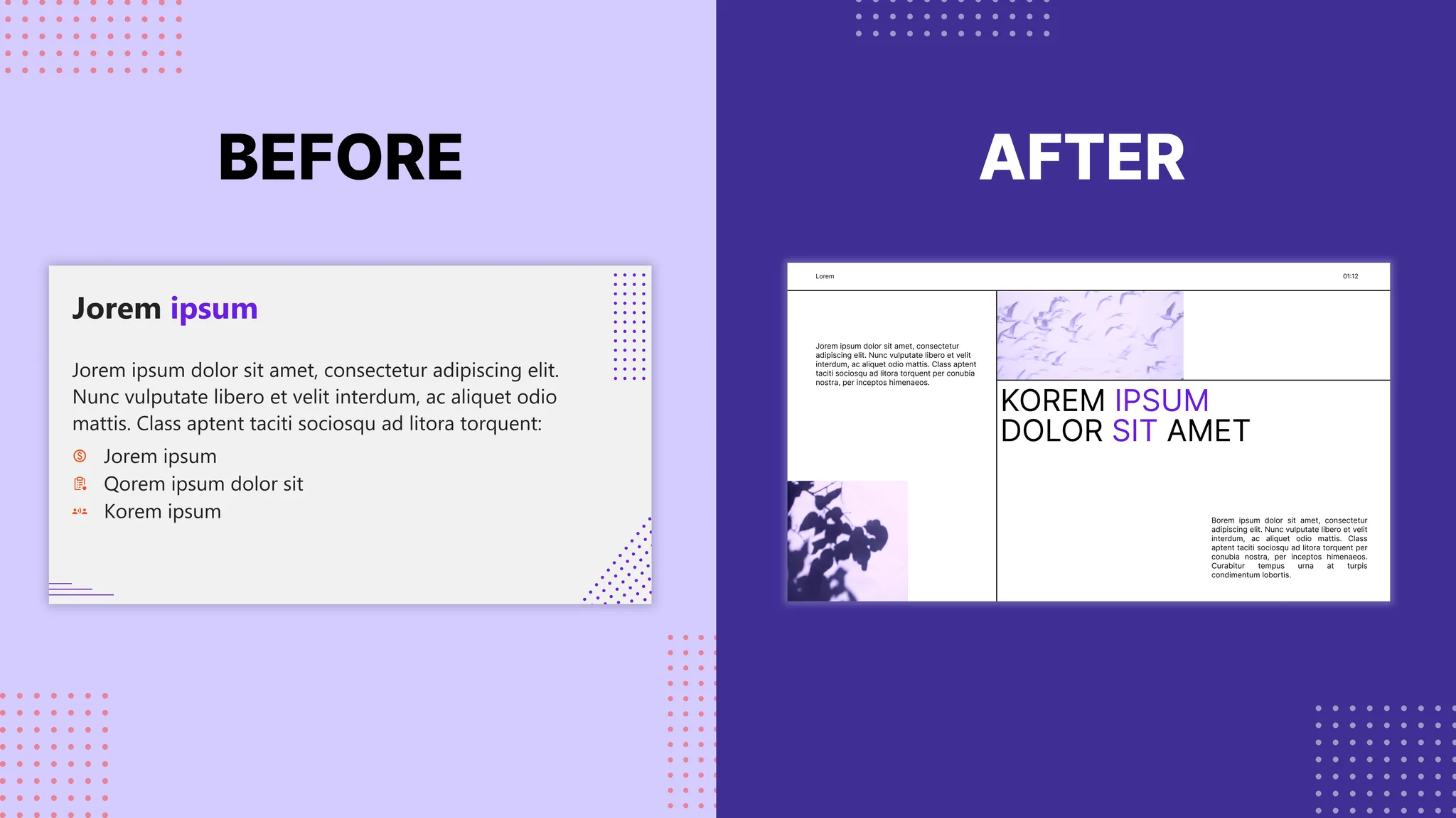 Before and after comparison of pitch deck slide design, showcasing a transformation from a text-heavy, cluttered layout to a clean, modern, and visually balanced presentation style.