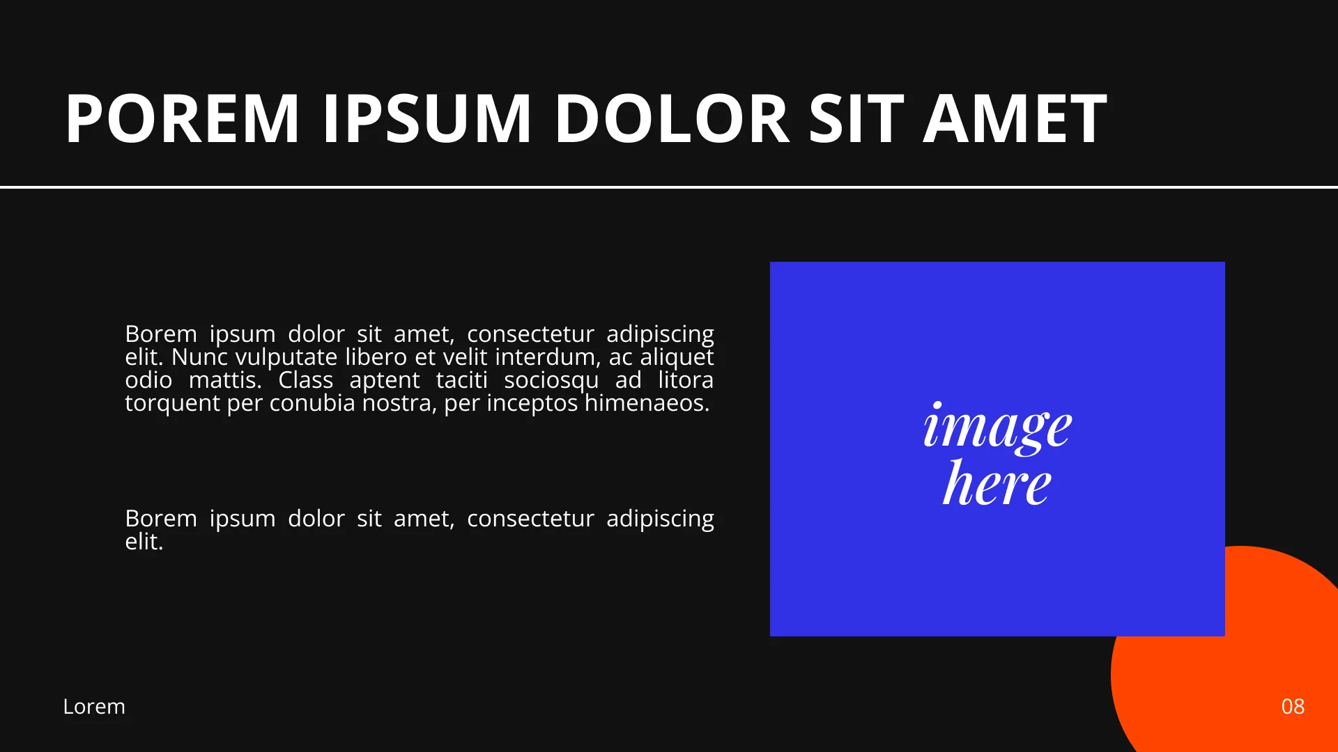 Modern pitch deck slide design featuring bold typography, a placeholder for an image, and a minimalist black background with bright accent elements for visual contrast.