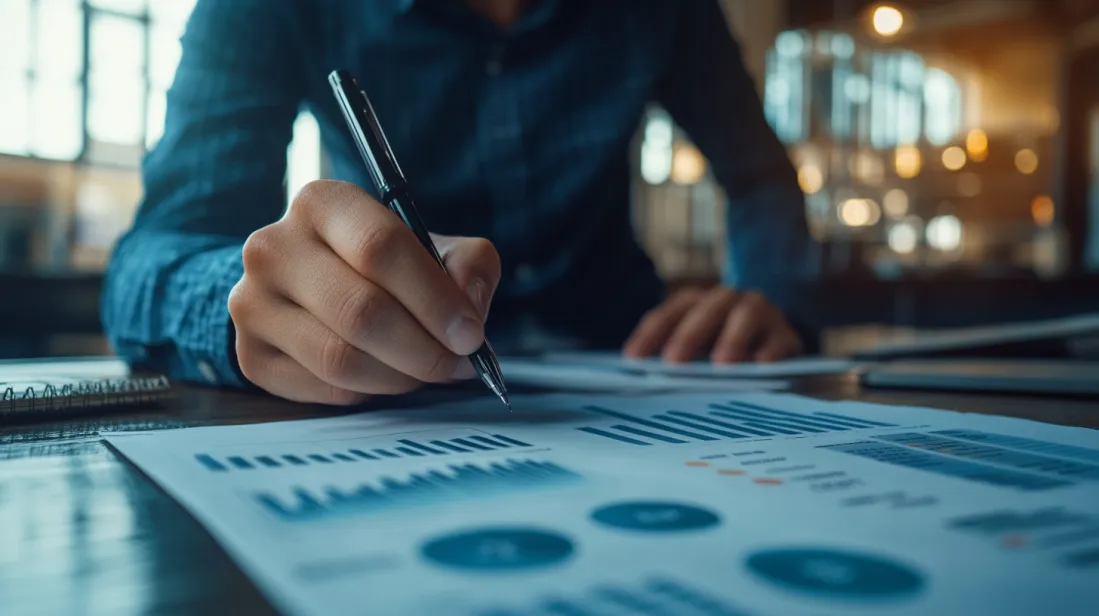 Close-up of a person's hand holding a pen, analyzing graphs and charts on printed documents in a modern workspace with ambient lighting