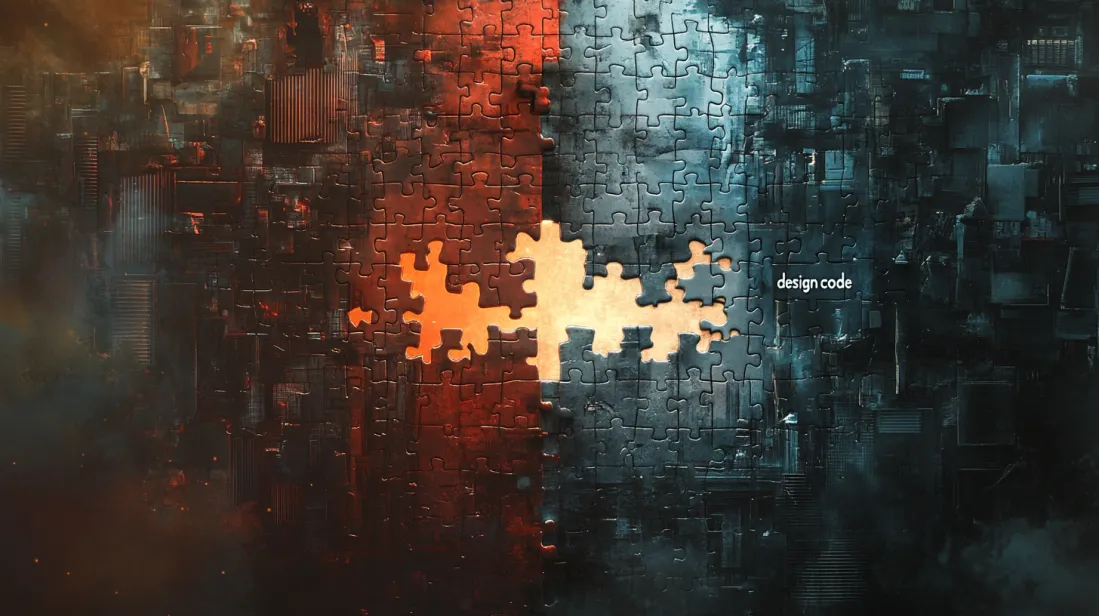 Symbolic digital artwork of a puzzle merging two contrasting worlds—one side in fiery red tones, the other in cool cybernetic blue. A missing puzzle piece labeled 'design code' highlights the crucial connection between design and development in creating accessible digital experiences.