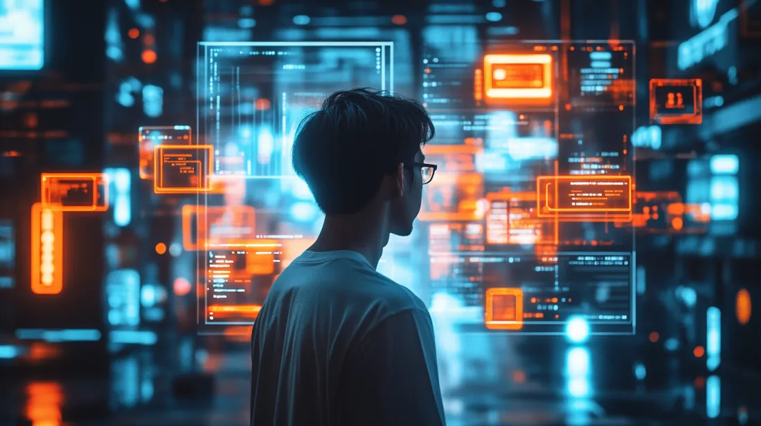 A person in a futuristic environment surrounded by glowing digital screens displaying data and UI elements in blue and orange hues, symbolizing data analysis and user interaction