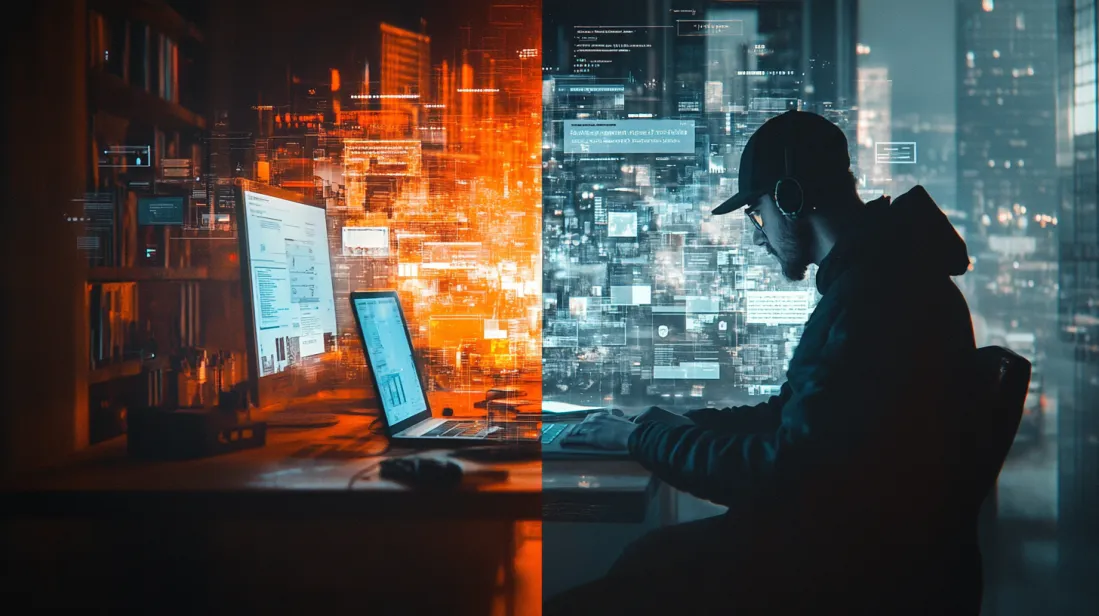 Split-screen digital artwork of a developer coding in a futuristic cyber environment on one side and a designer working on a user-friendly interface on the other. A visual metaphor for the balance between development and design in web creation. High-tech UI elements, glowing code, and creative workspace