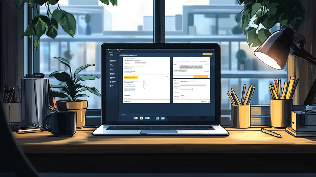 Close-up of a laptop displaying a design handoff file with organized annotations and specifications, set on a wooden desk with plants, stationery, and a desk lamp in a modern workspace