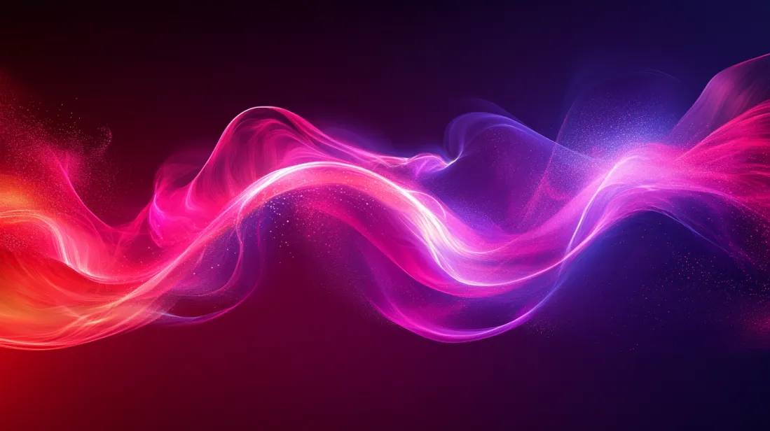 Glowing pink and purple gradient waves flowing against a dark background, with soft particles creating a futuristic and dynamic visual effect