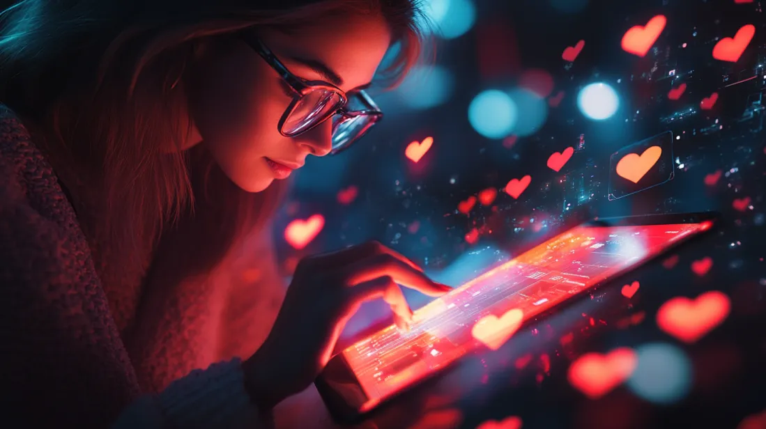 Young woman interacting with a futuristic digital tablet, surrounded by floating heart icons and glowing UI elements. Concept of emotional design, user engagement, and digital experience research.