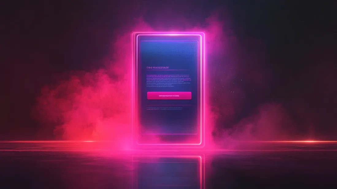 Futuristic glowing digital interface framed in vibrant pink light, surrounded by mist and reflections on a dark background, symbolizing modern web design innovation