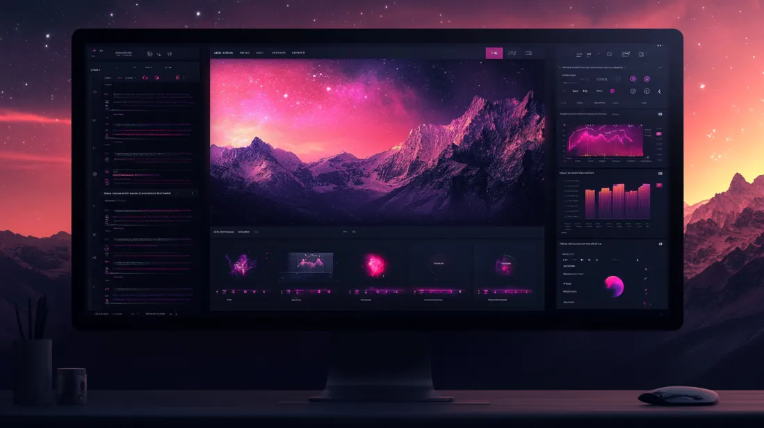 Desktop monitor displaying futuristic gradient-based design with a pink and purple mountain-themed interface, set against a glowing sunset background, symbolizing emerging trends in web design