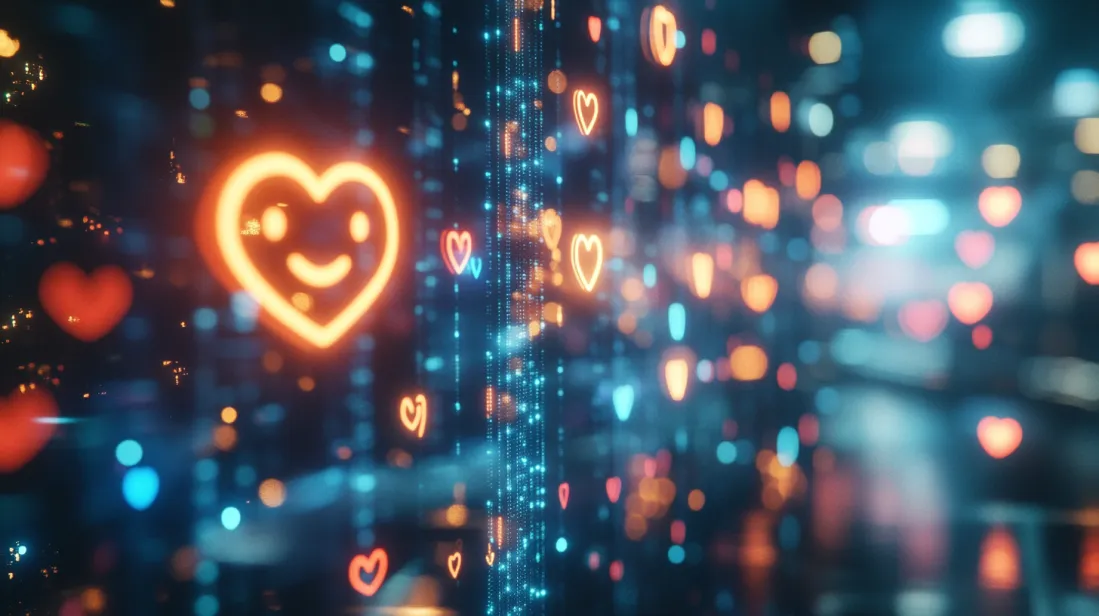 Neon glowing hearts and smiley faces in a futuristic digital grid, representing emotional design concepts in user experiences and presentations