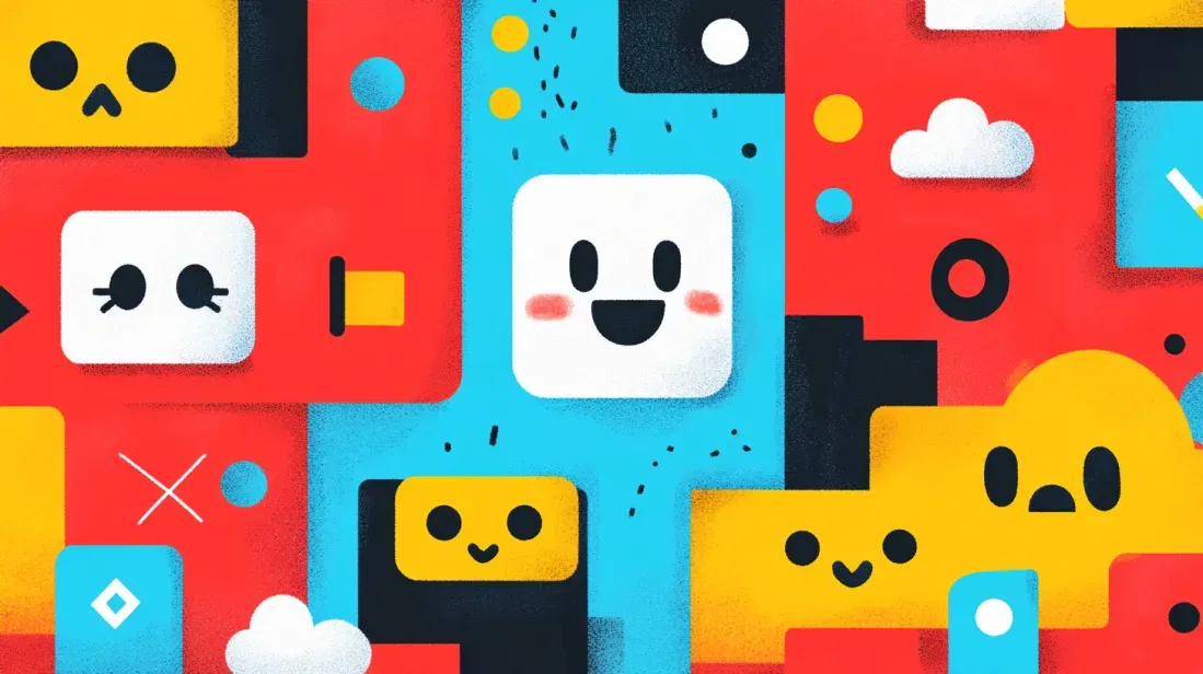 Playful, colorful blocks with cheerful emoji-like faces, illustrating emotional design and user engagement in digital interfaces.