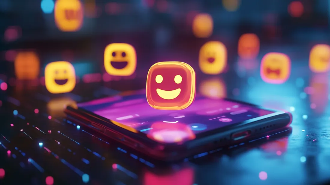 Glowing smiley face emojis emerging from a smartphone screen, symbolizing emotional design in mobile app interfaces and user engagement.