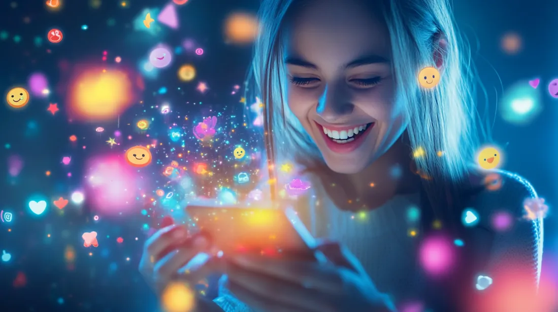 Smiling woman interacting with her smartphone as glowing emojis and colorful icons float around, symbolizing emotional connection and engaging digital design.