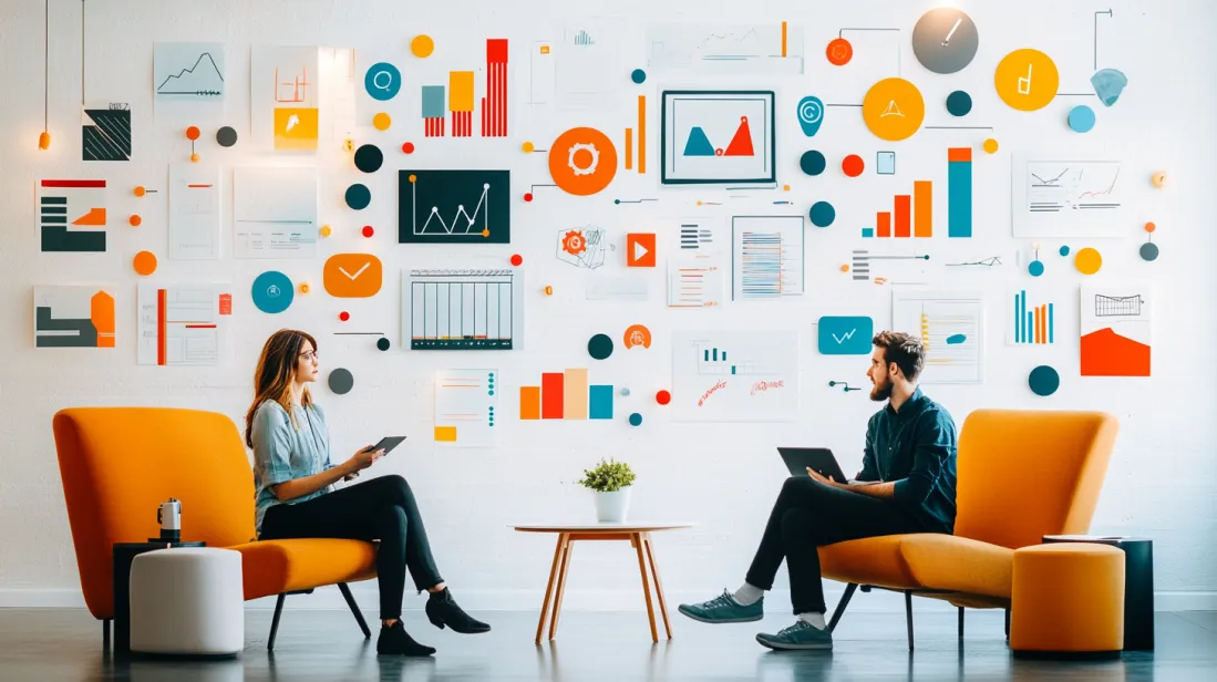 Modern UX research discussion between two professionals in a creative workspace, surrounded by data visualizations, charts, and design strategy elements. Concept of user experience research and data-driven design insights