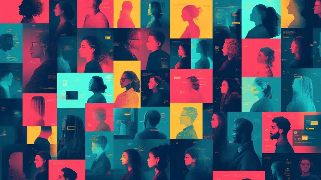 Collage of diverse user profiles and data points representing design research, user personas, and behavioral analysis in UX/UI design. Abstract visualization of audience insights and human-centered design strategy